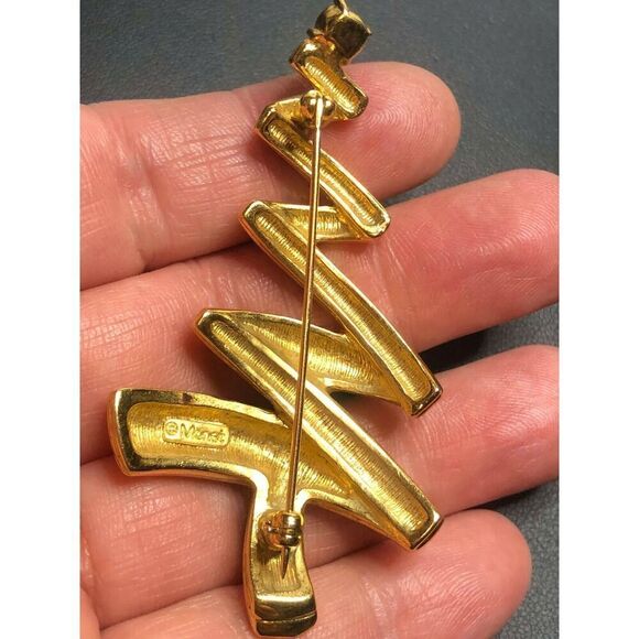 3534 Monet signed gold zig-zag CZ christmas tree brooch pin - Picture 2 of 2